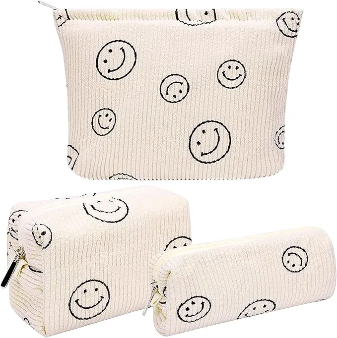 3 Pcs Corduroy Cosmetic Bag,Smile Cosmetic Bag,Travel Portable Cosmetic Bag,Ladies Cosmetic Bag,Smile Print Makeup Bag for Women