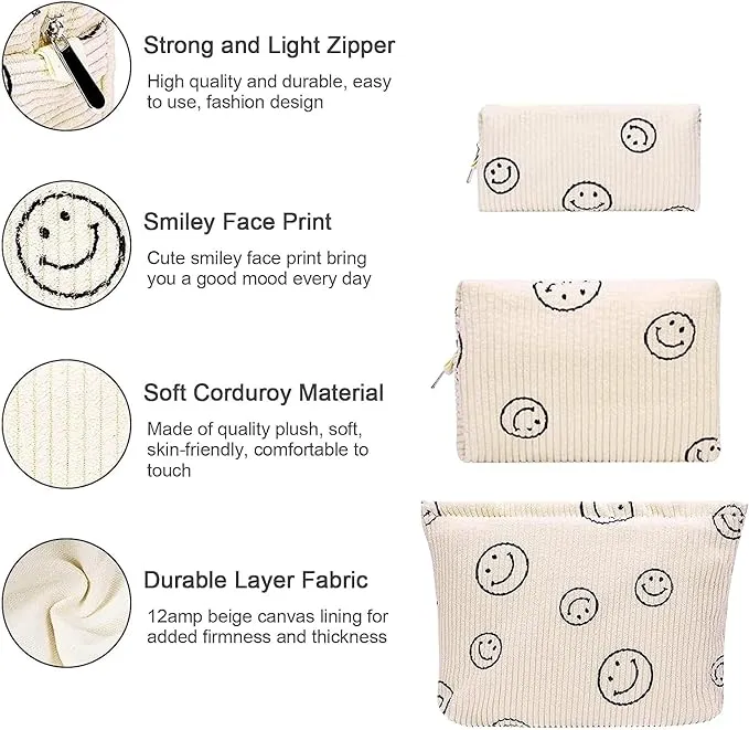 3 Pcs Corduroy Cosmetic Bag,Smile Cosmetic Bag,Travel Portable Cosmetic Bag,Ladies Cosmetic Bag,Smile Print Makeup Bag for Women