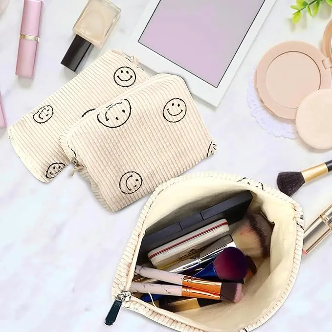 3 Pcs Corduroy Cosmetic Bag,Smile Cosmetic Bag,Travel Portable Cosmetic Bag,Ladies Cosmetic Bag,Smile Print Makeup Bag for Women