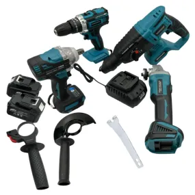 4Pcs Heavy Duty Power Tool Set 2 Battery Packs Cordless Drills Ag-61