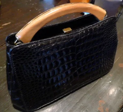 Black Alligator Handbag with Wood Handle