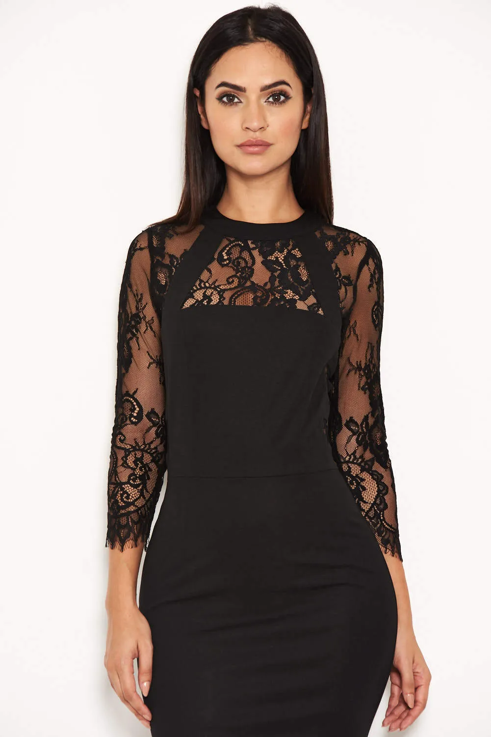 Black Sheer Lace Panel Midi Dress