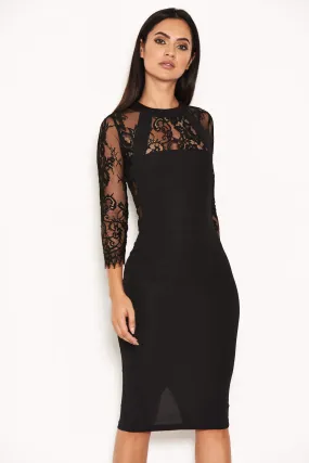 Black Sheer Lace Panel Midi Dress