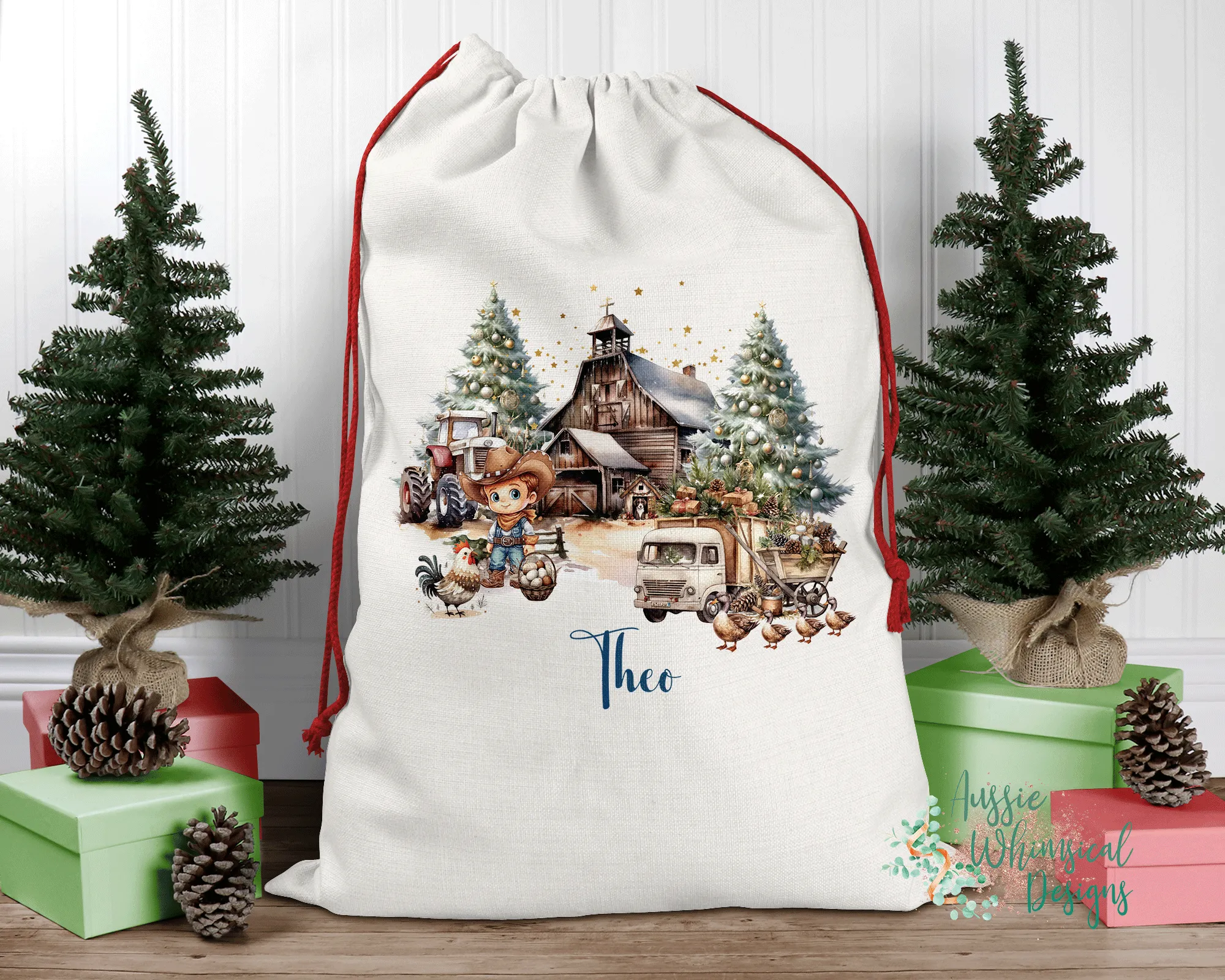 Country Cowboy Personalised Santa Sack, Linen Bag