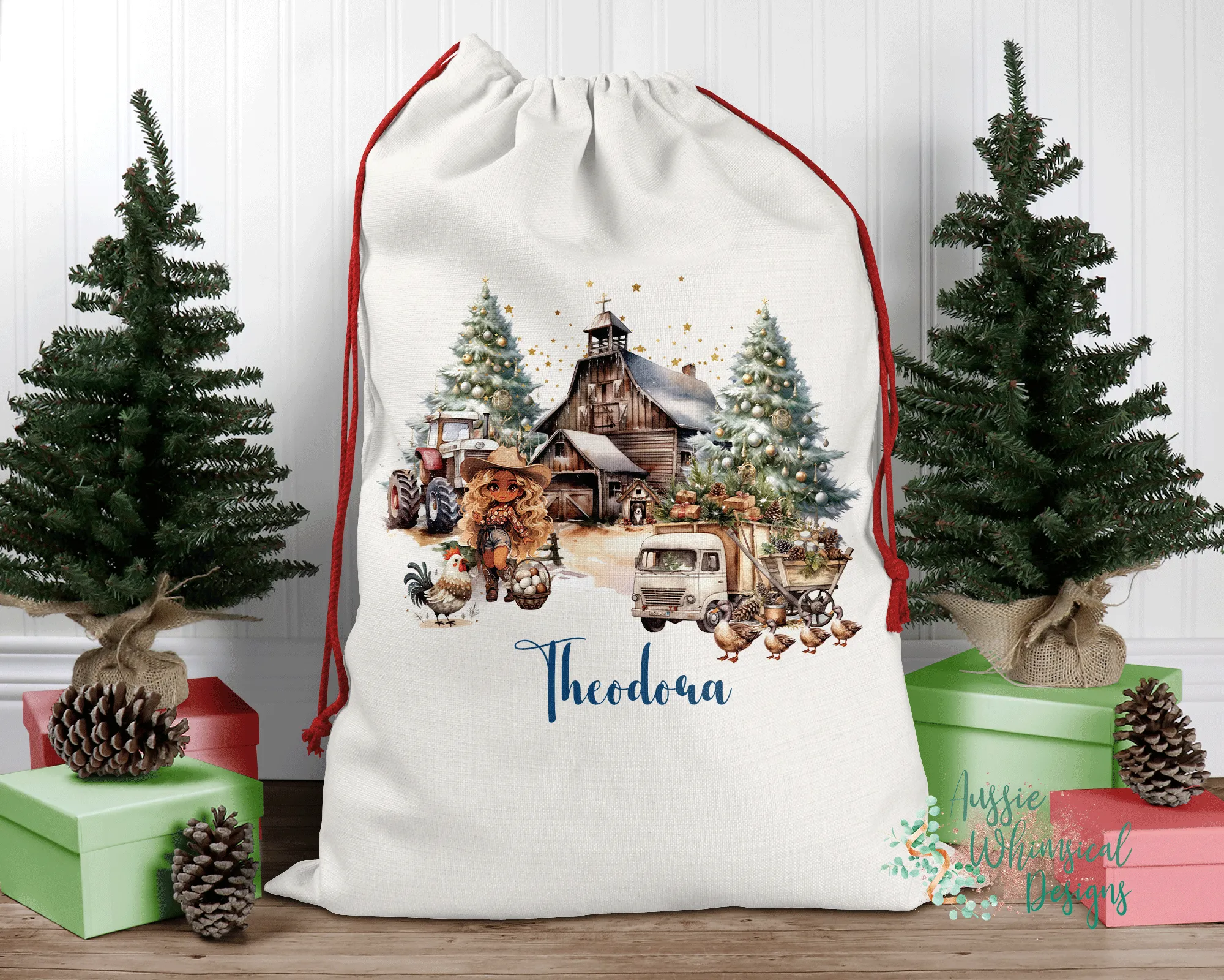 Country Cowgirl Personalised Santa Sack, Linen Bag