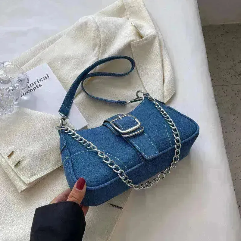 Denim Shoulder Bags Women's Fashion Chains Handbag Crossbody Bags Small Square Armpit Bag