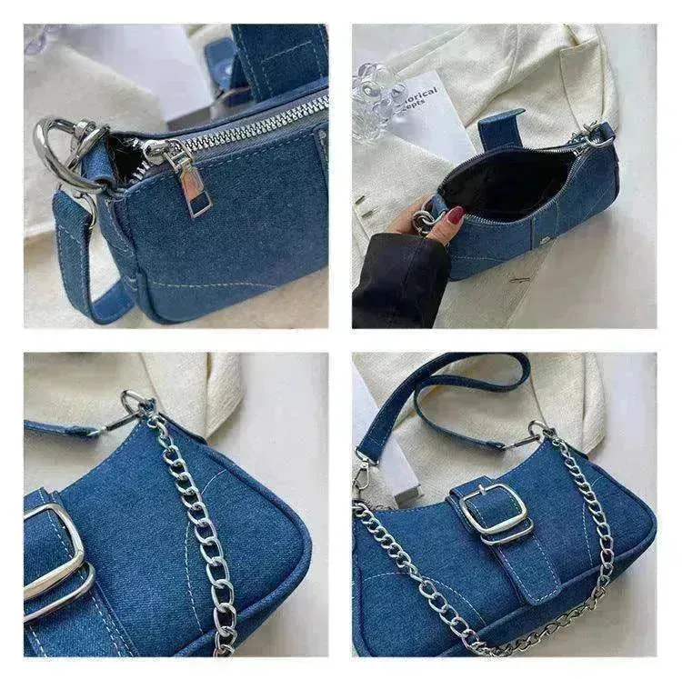 Denim Shoulder Bags Women's Fashion Chains Handbag Crossbody Bags Small Square Armpit Bag