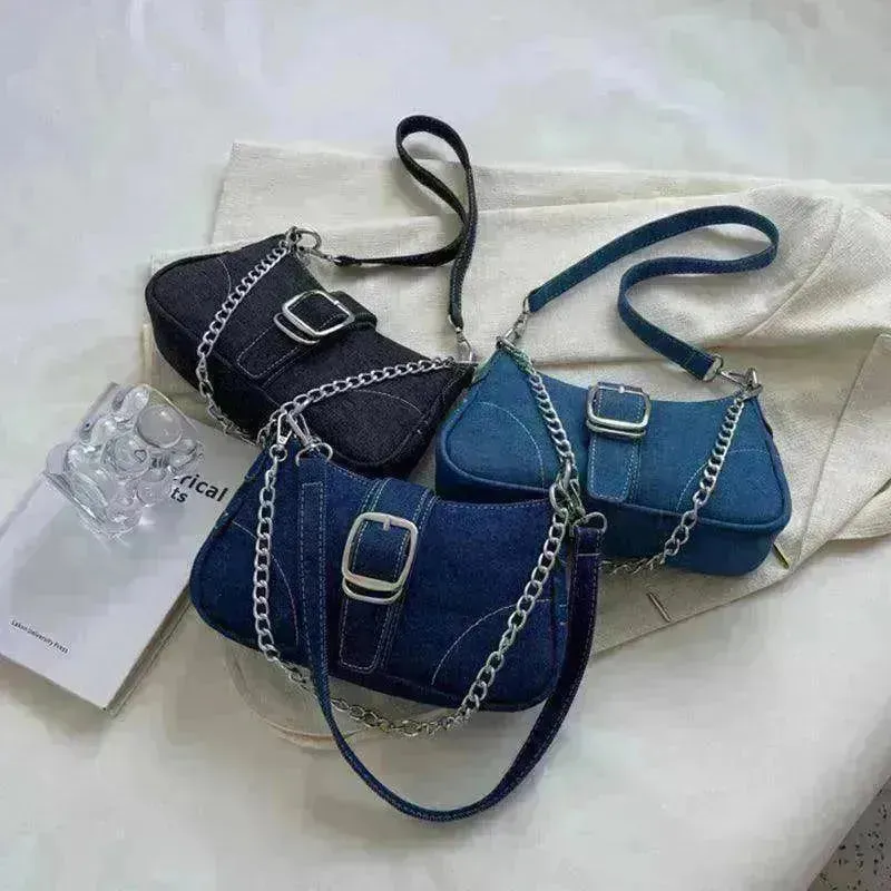 Denim Shoulder Bags Women's Fashion Chains Handbag Crossbody Bags Small Square Armpit Bag