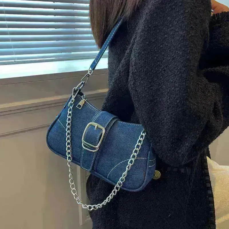 Denim Shoulder Bags Women's Fashion Chains Handbag Crossbody Bags Small Square Armpit Bag