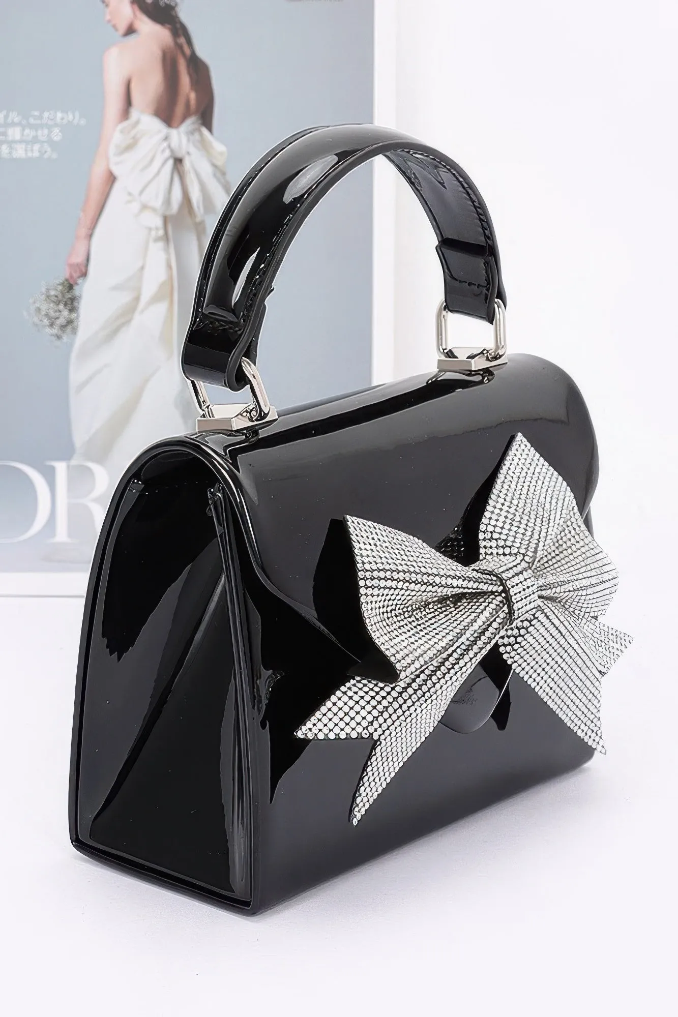 Enamel Rhinestone Ribbon Top Handle Clutch