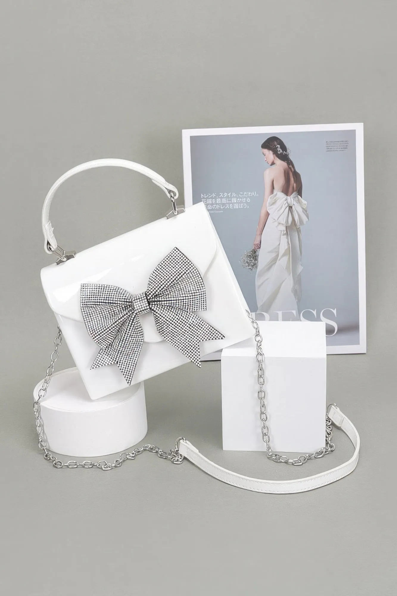 Enamel Rhinestone Ribbon Top Handle Clutch