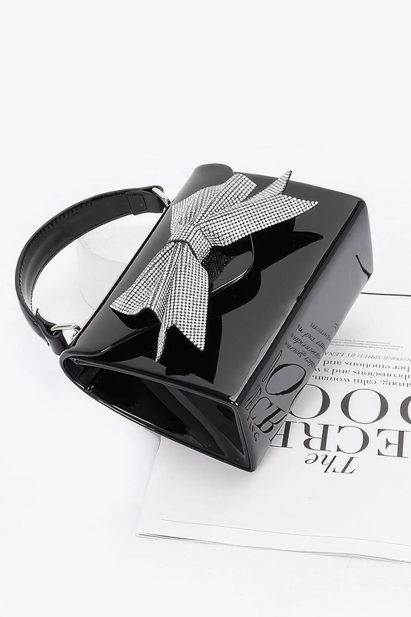 Enamel Rhinestone Ribbon Top Handle Clutch