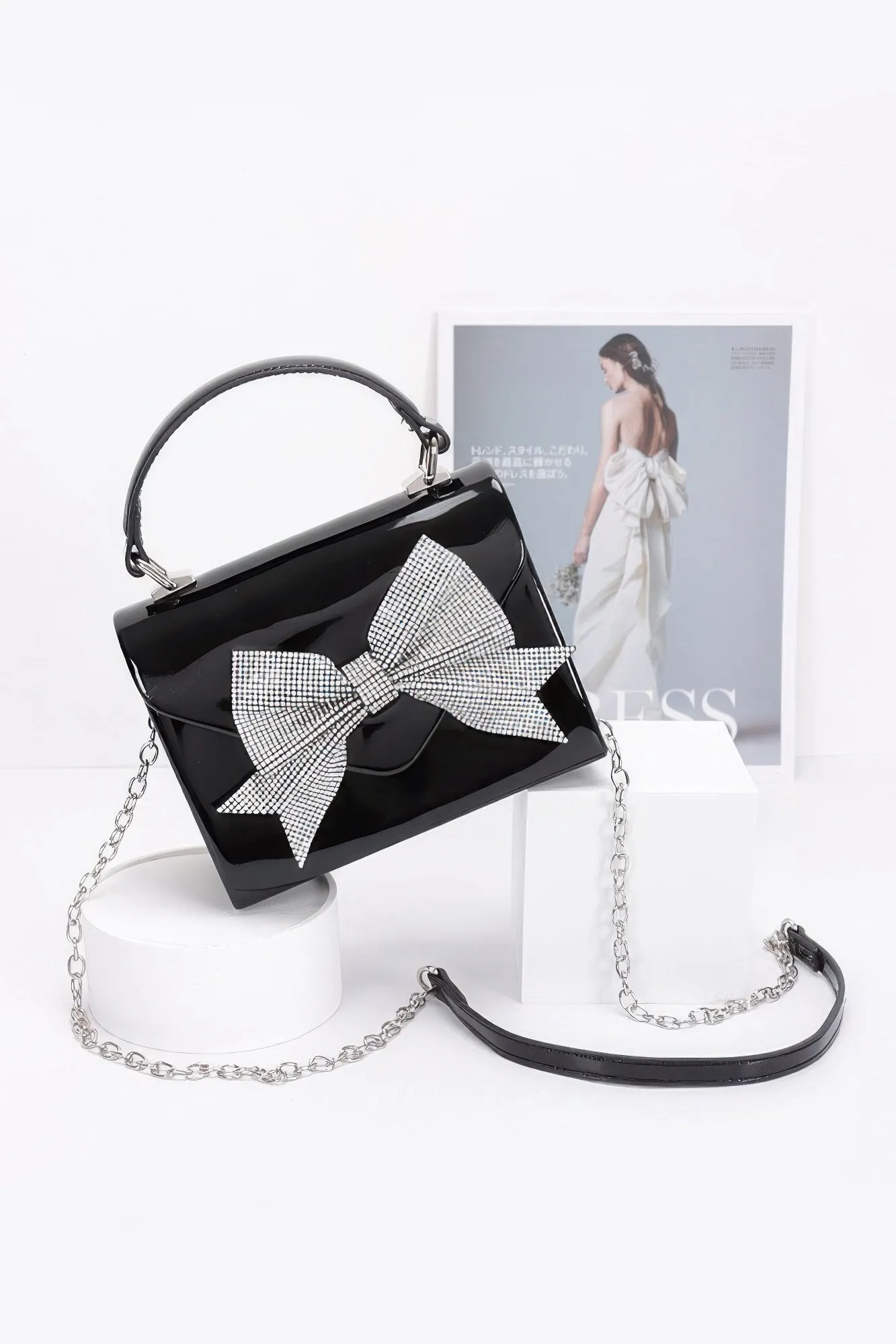 Enamel Rhinestone Ribbon Top Handle Clutch