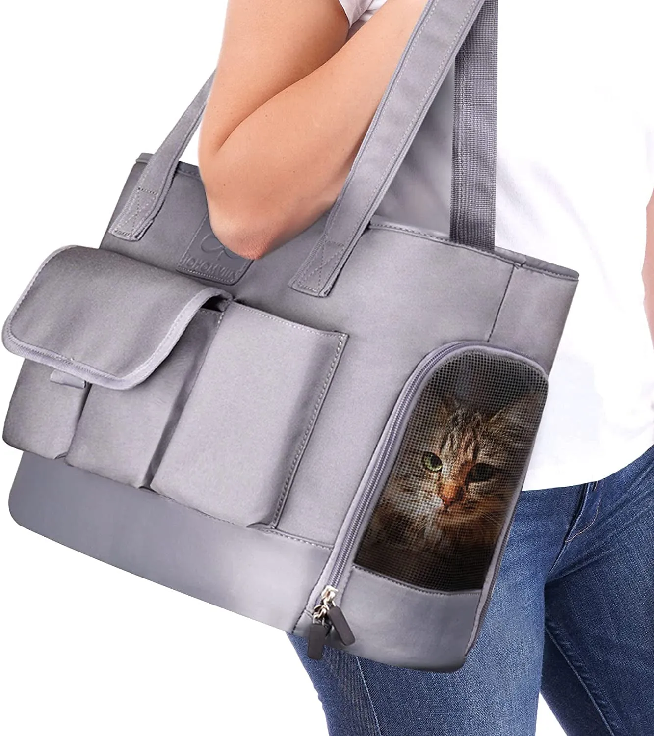 Furry Uber: The Stylish Grey Tote for Your Pooch or Purr Machine - Waterproof and Foldable for Pets Who Prefer the High Life!