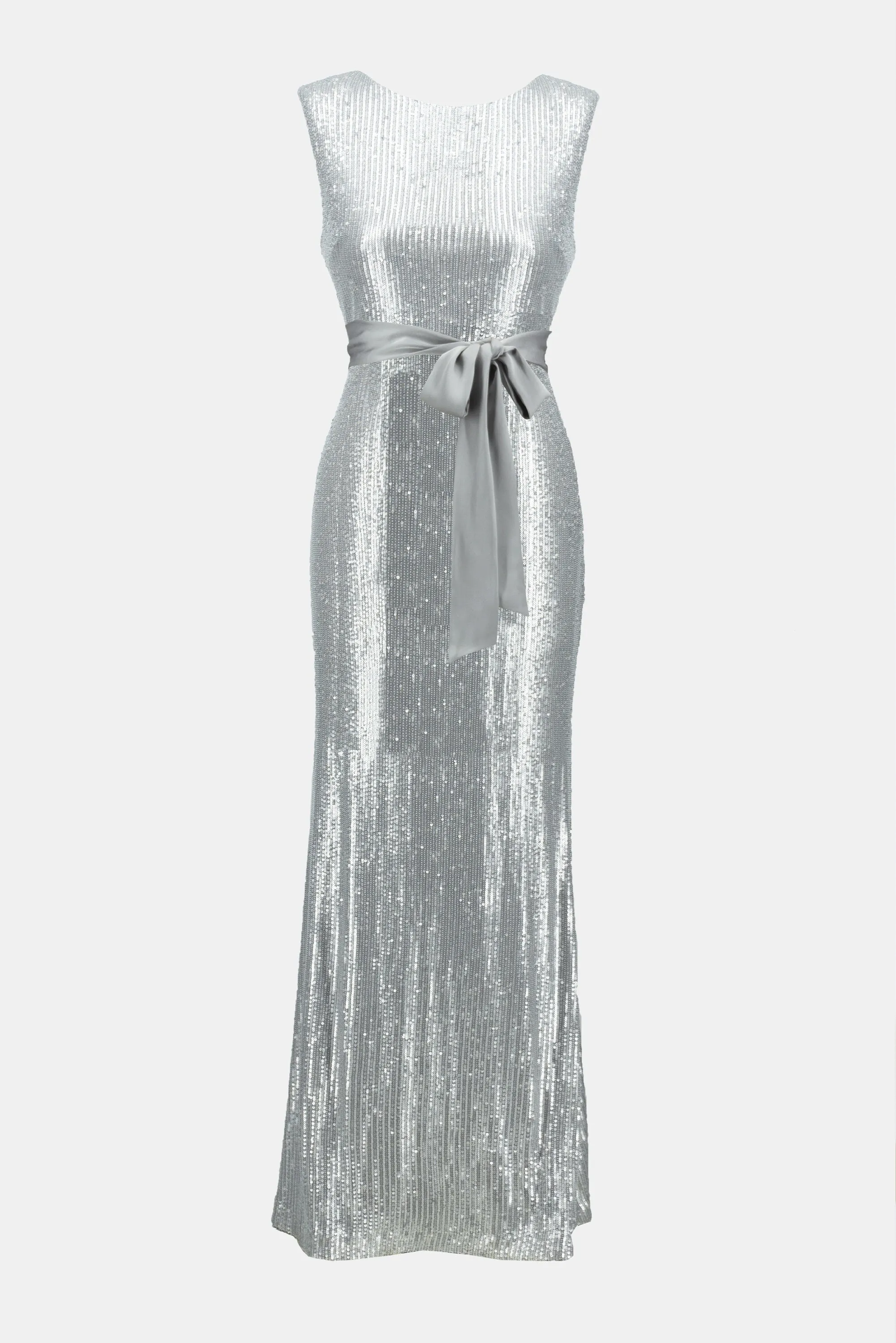 Joseph Ribkoff Sequin Dress With Satin Sash Matte Silver