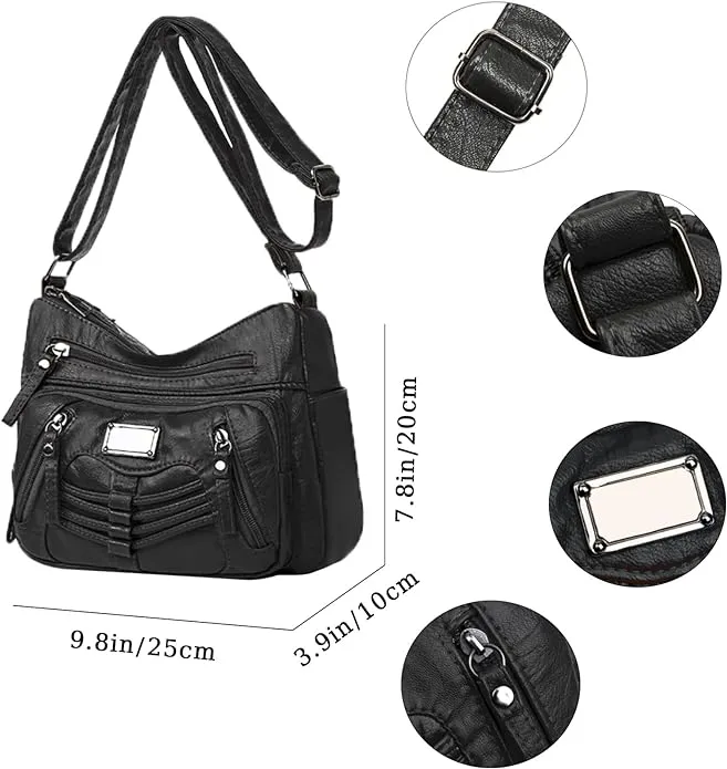 LassZone Womens Leather Handbag Multi-Pocket Crossbody Bag Waterproof Hobo Shoulder Bag with Adjustable Shoulder Strap