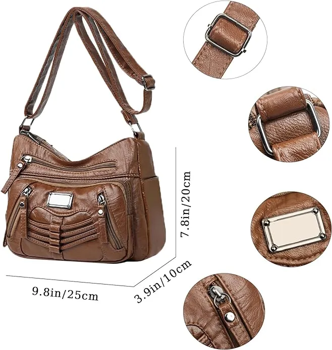 LassZone Womens Leather Handbag Multi-Pocket Crossbody Bag Waterproof Hobo Shoulder Bag with Adjustable Shoulder Strap