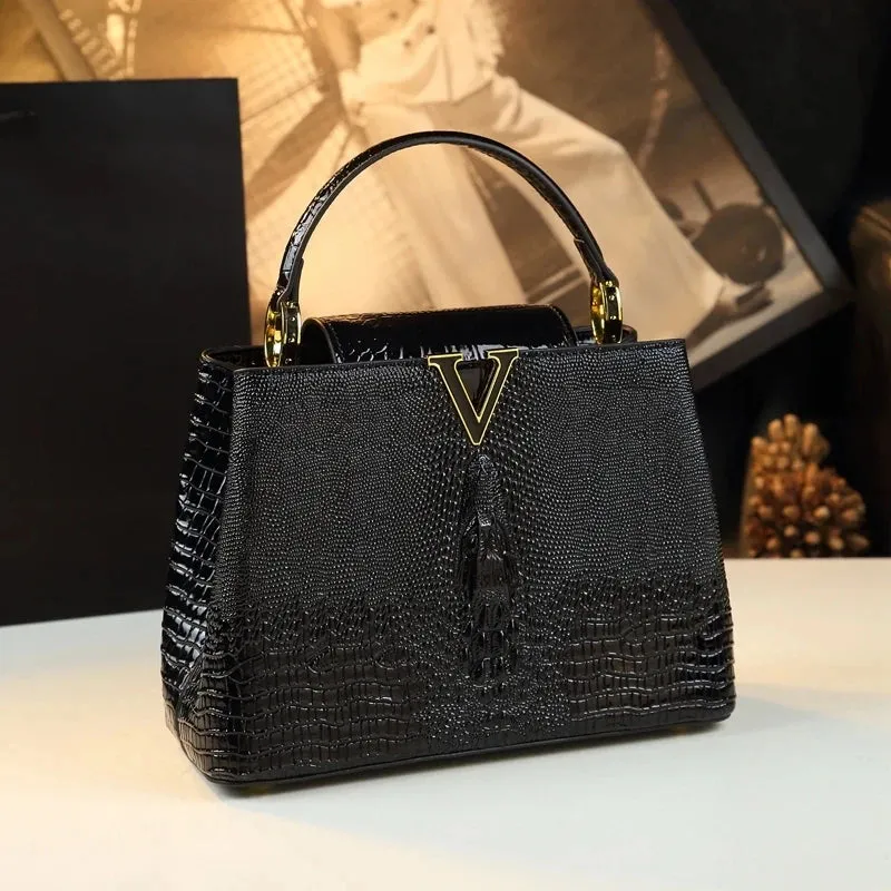 Luxury Genuine Leather Women's Handbag - Crocodile Pattern Shoulder Bag