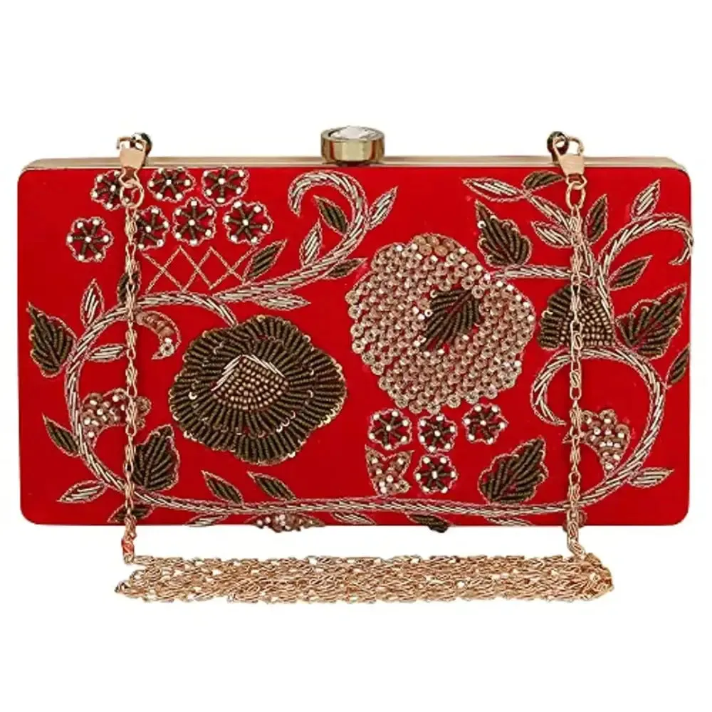 MaFs Women's Embroidered Clutch, Red