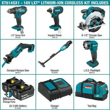 Makita (XT614SX1) 18V LXT Lithium-Ion Cordless 6-Pc. Combo Kit (3.0Ah)