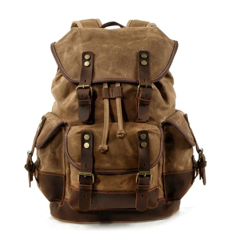 Men's Vintage Outdoor Canvas Stitching Leather Multi-Pocket Backpack 19083234Y