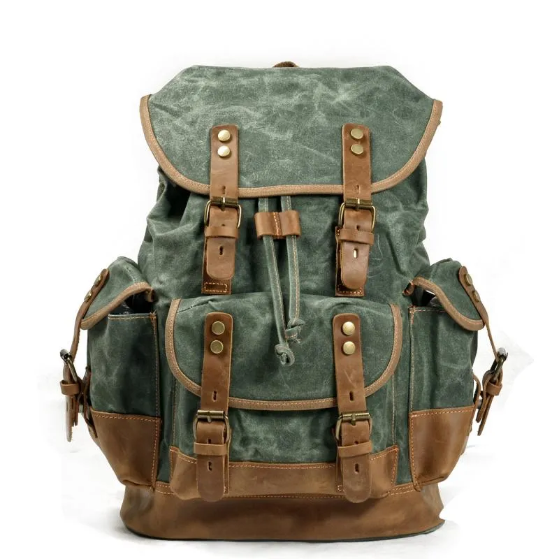 Men's Vintage Outdoor Canvas Stitching Leather Multi-Pocket Backpack 19083234Y