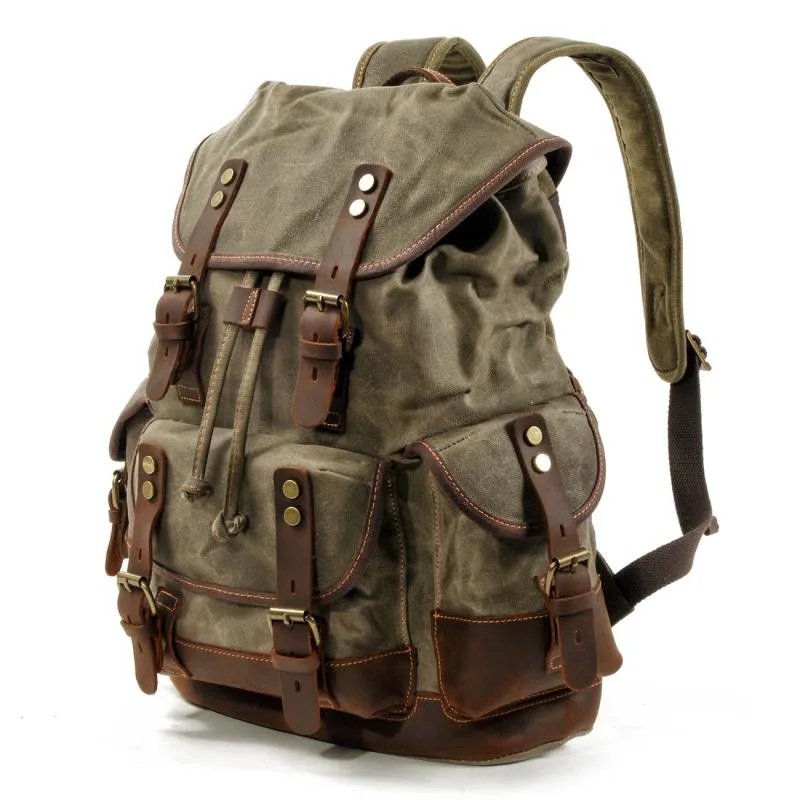 Men's Vintage Outdoor Canvas Stitching Leather Multi-Pocket Backpack 19083234Y