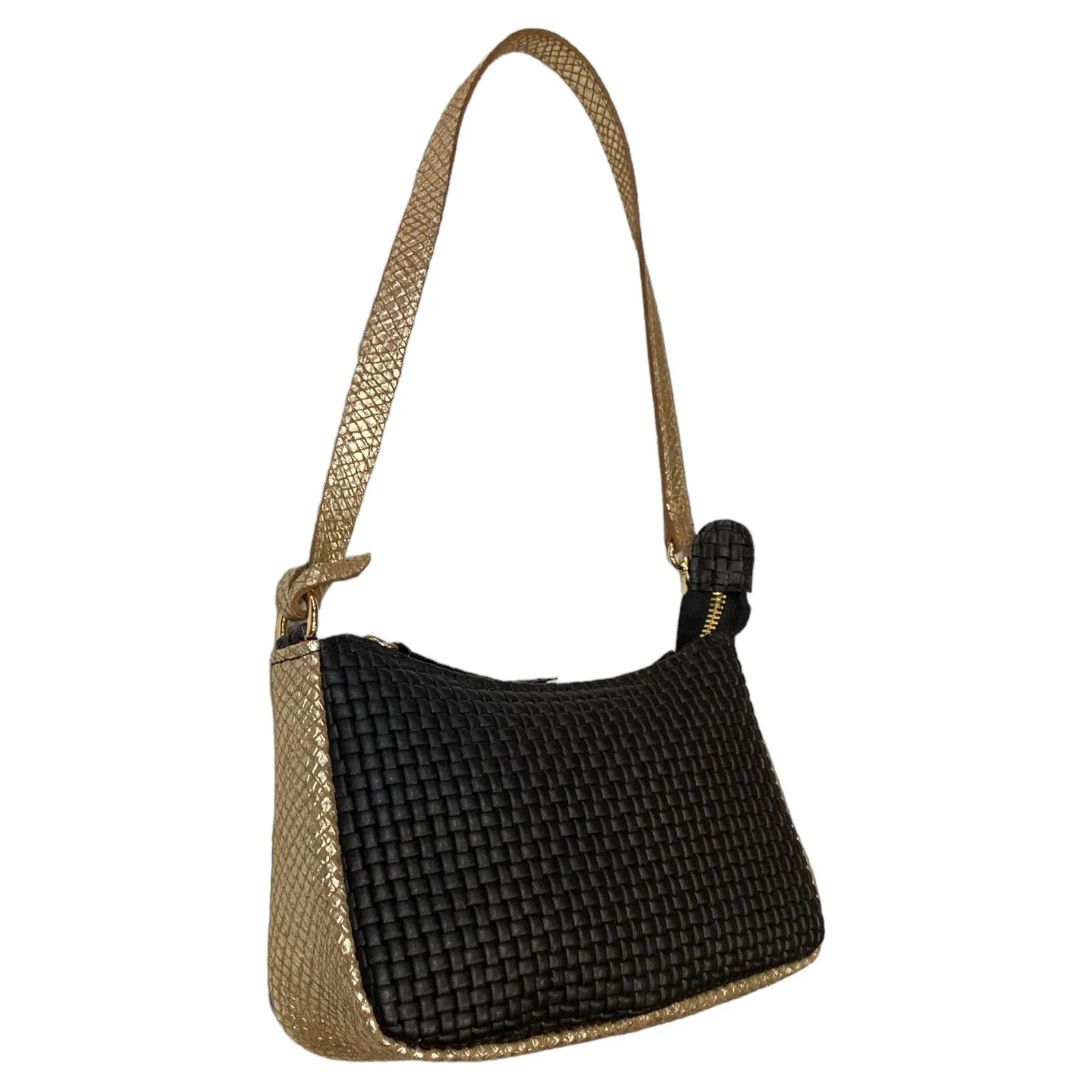 Natalie Small. Black woven-print and gold leather evening bag