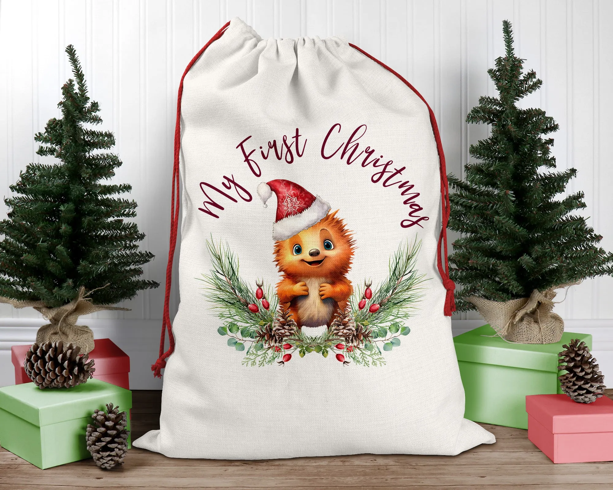 Personalised Santa Sack, Echidna, Poinsettia Leaves Linen Bag