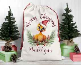 Personalised Santa Sack, Emu, Poinsettia Leaves Linen Bag