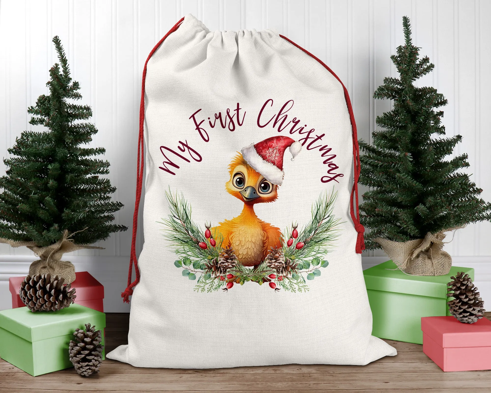 Personalised Santa Sack, Emu, Poinsettia Leaves Linen Bag