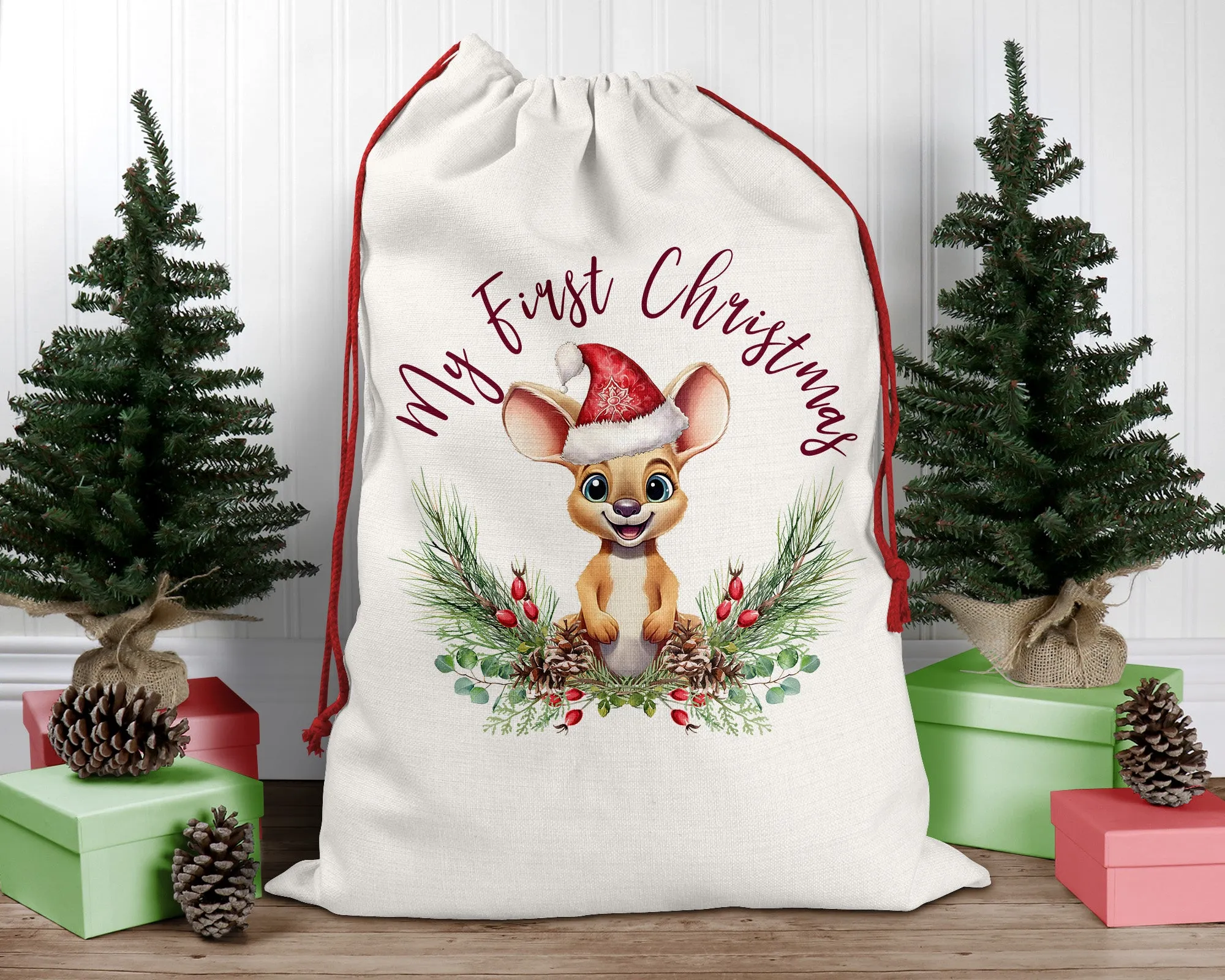 Personalised Santa Sack, Kangaroo, Poinsettia Leaves Linen Bag