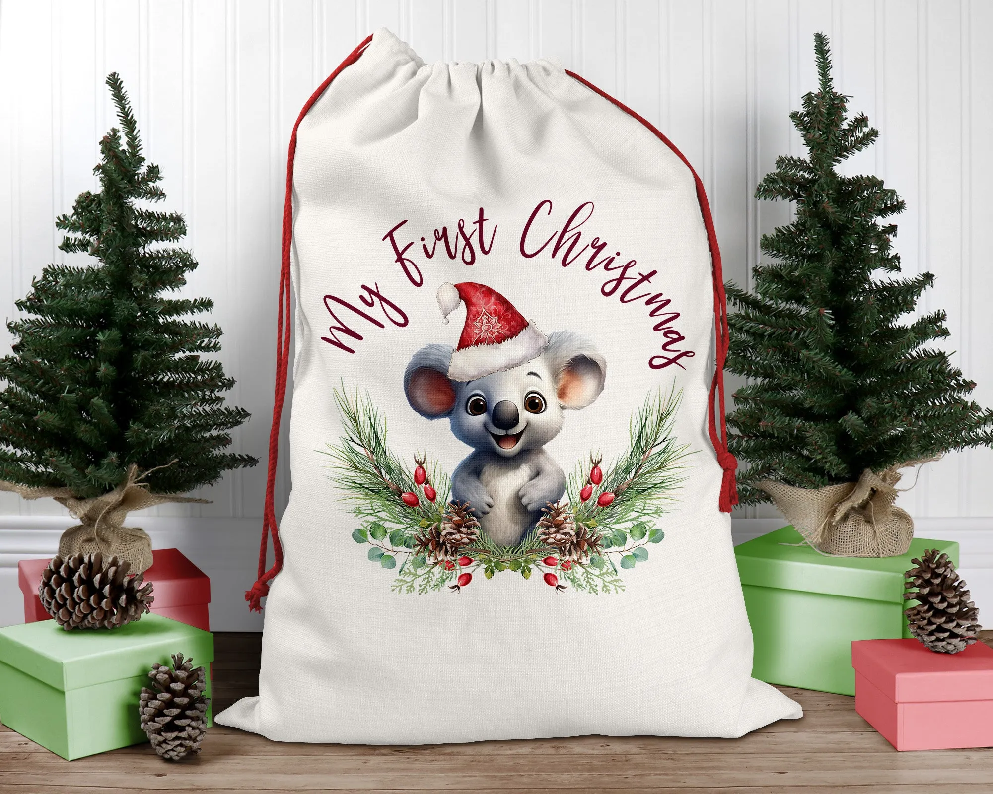 Personalised Santa Sack, Koala, Poinsettia Leaves Linen Bag