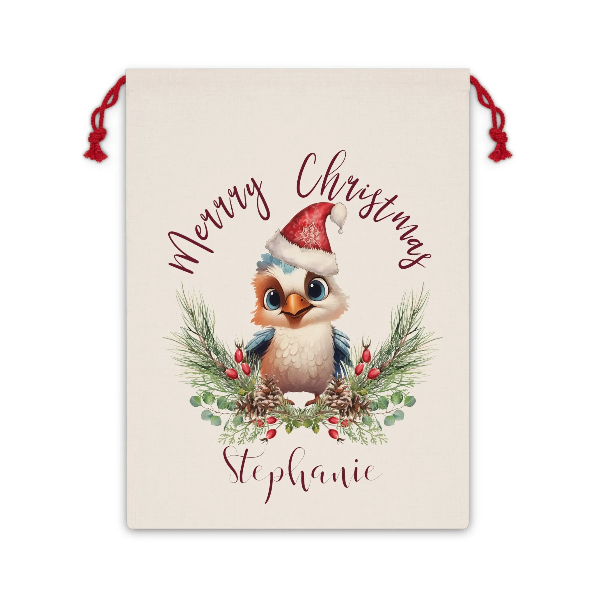 Personalised Santa Sack, Kookaburra, Poinsettia Leaves Linen Bag