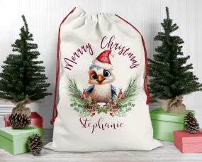 Personalised Santa Sack, Kookaburra, Poinsettia Leaves Linen Bag