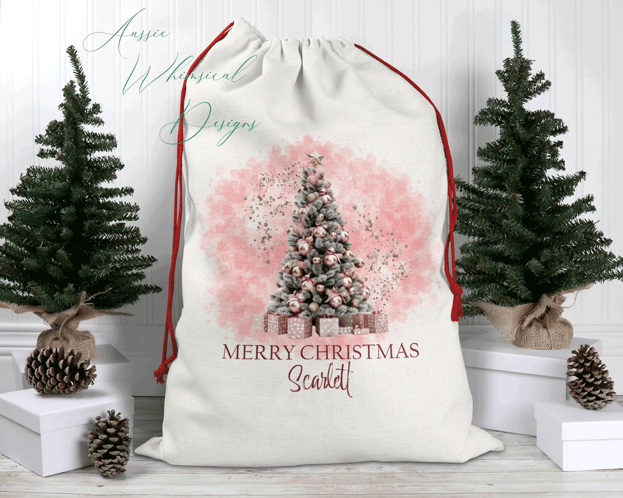 Personalised Santa Sack, Linen Bag, Pink Christmas