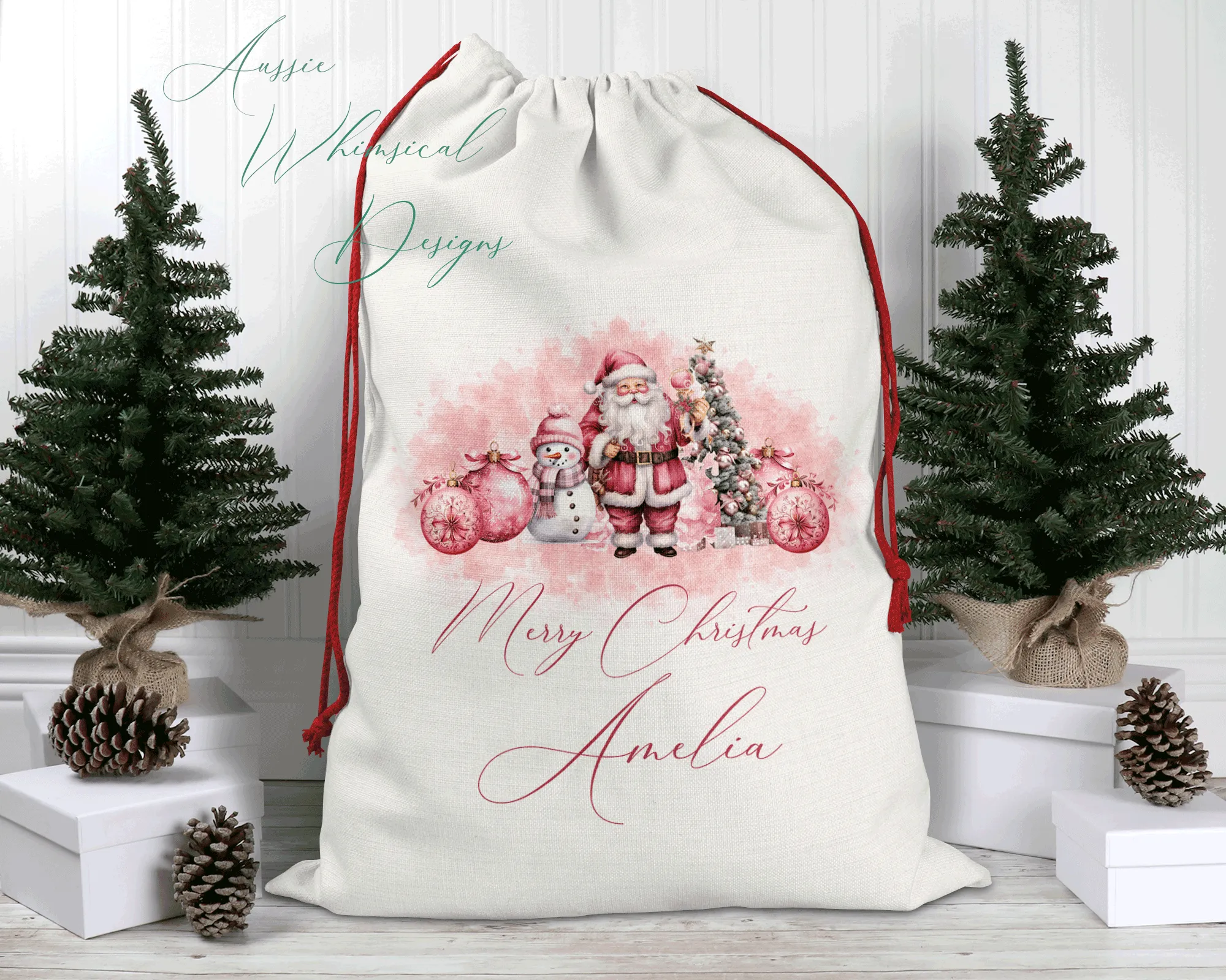 Personalised Santa Sack, Linen Bag, Pink Christmas