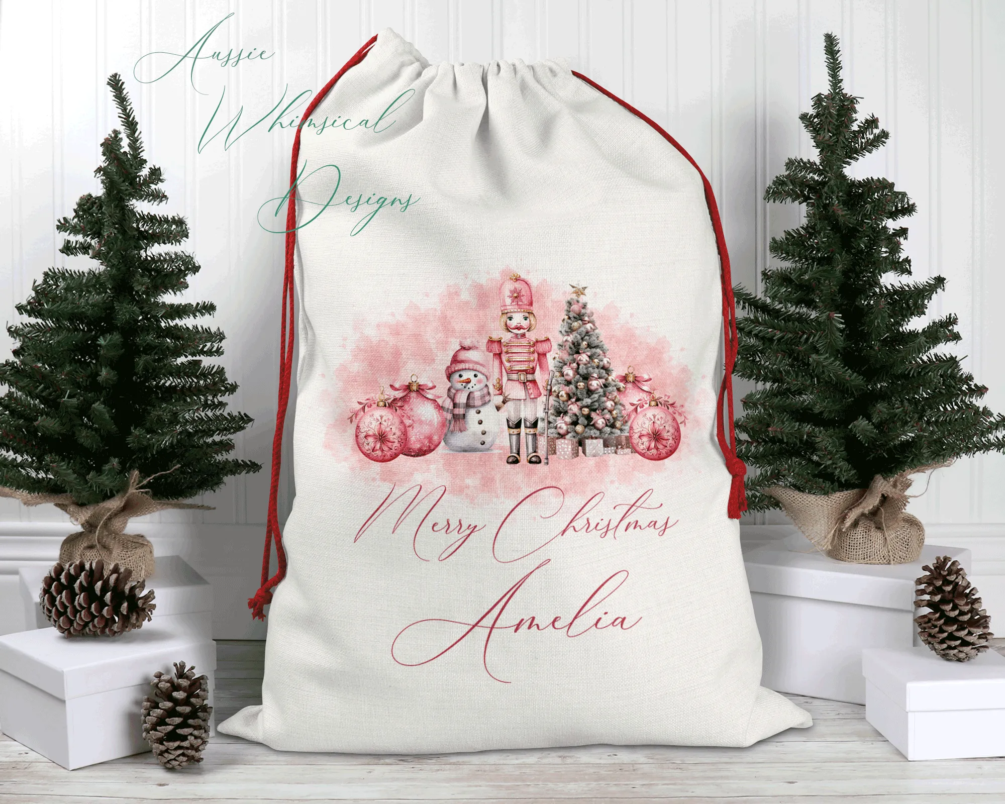 Personalised Santa Sack, Linen Bag, Pink Christmas