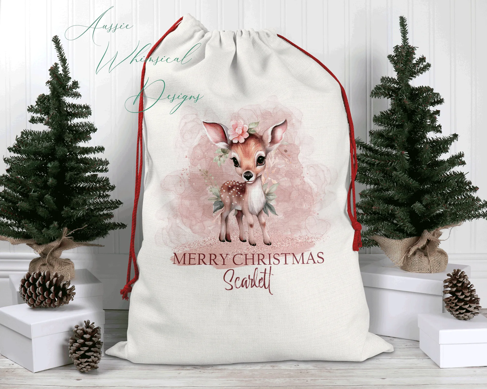 Personalised Santa Sack, Linen Bag, Pink Christmas