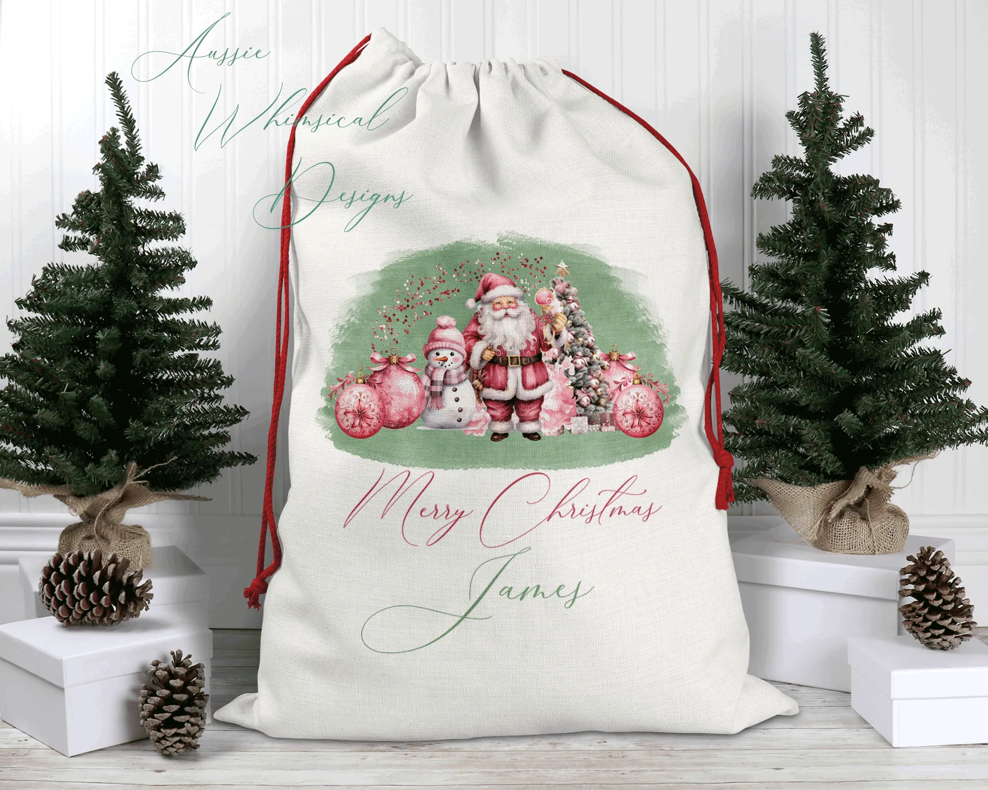 Personalised Santa Sack, Linen Bag, Sage Christmas