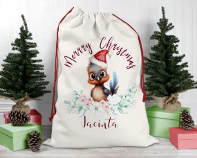 Personalised Santa Sack, Lyrebird, Eucalyptus Leaves Linen Bag