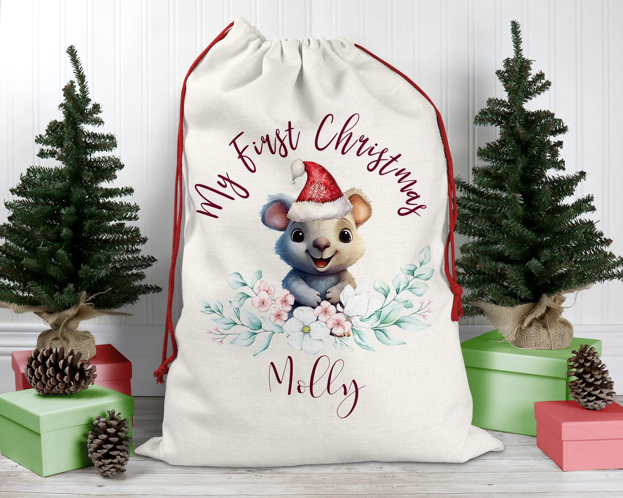 Personalised Santa Sack, Quoka Eucalyptus Leaves Linen Bag