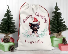 Personalised Santa Sack, Tasmanian Devil Eucalyptus Leaves Linen Bag