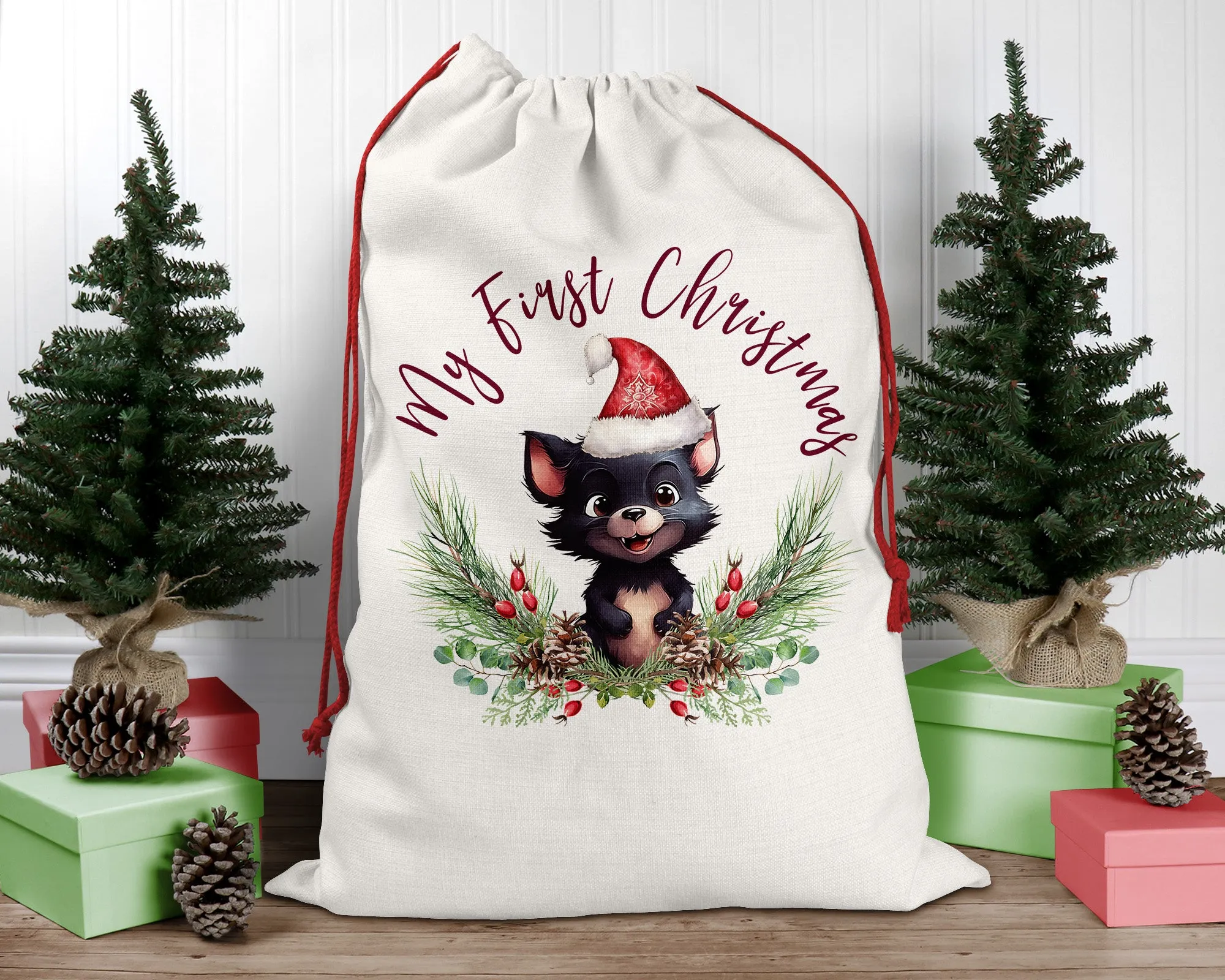 Personalised Santa Sack, Tasmanian Devil, Poinsettia Leaves Linen Bag