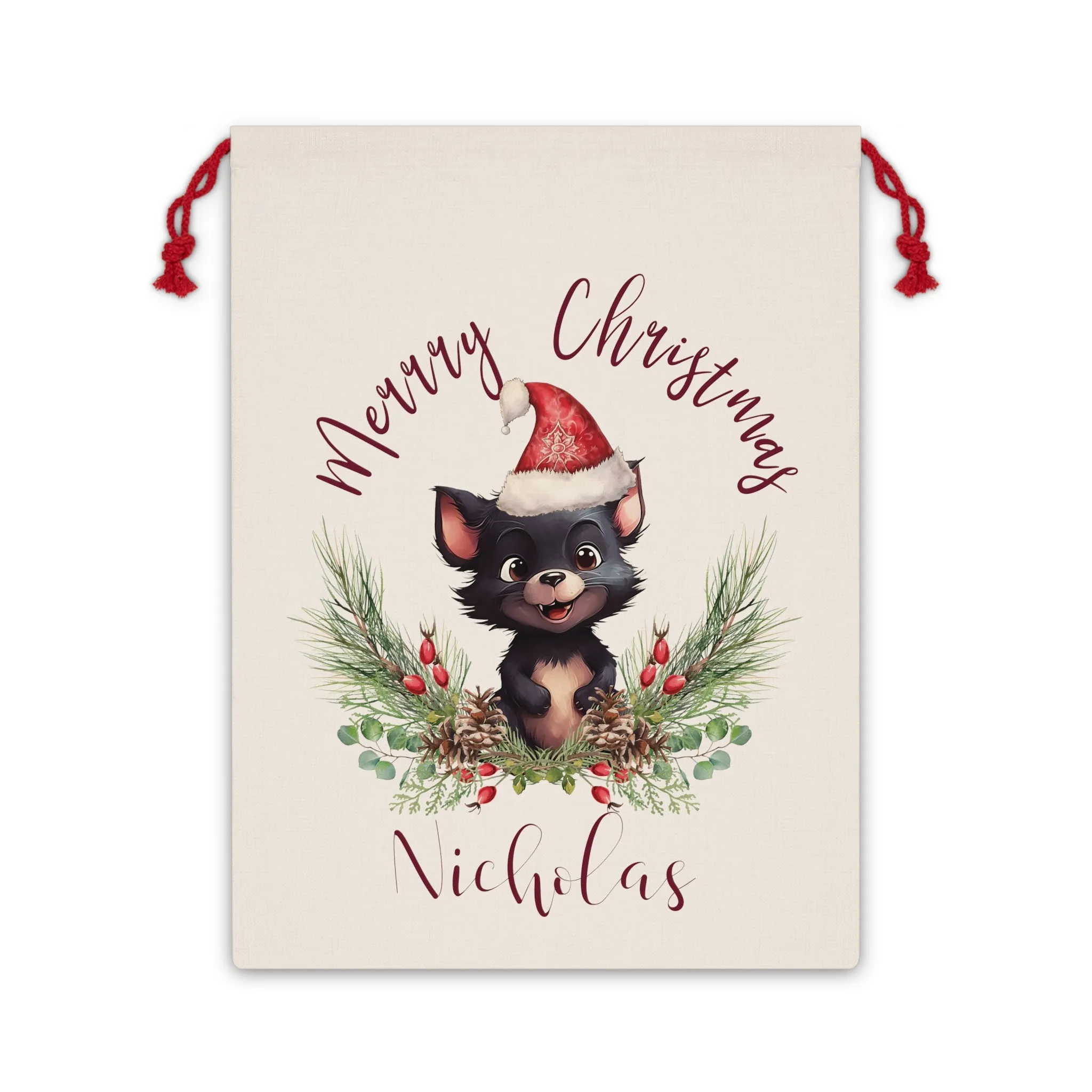 Personalised Santa Sack, Tasmanian Devil, Poinsettia Leaves Linen Bag