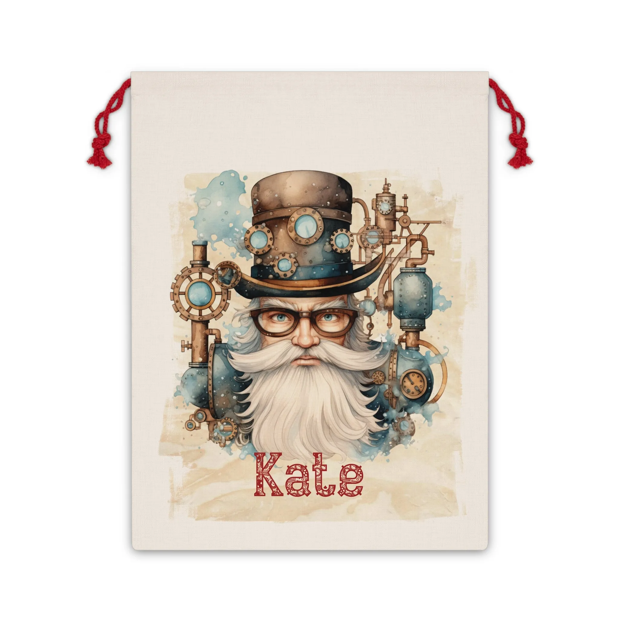 Steampunk Personalised Santa Sack, Blue Santa Linen Bag