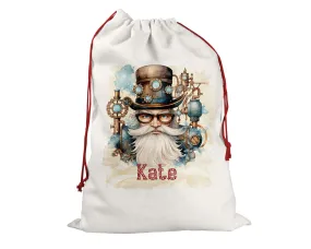 Steampunk Personalised Santa Sack, Blue Santa Linen Bag