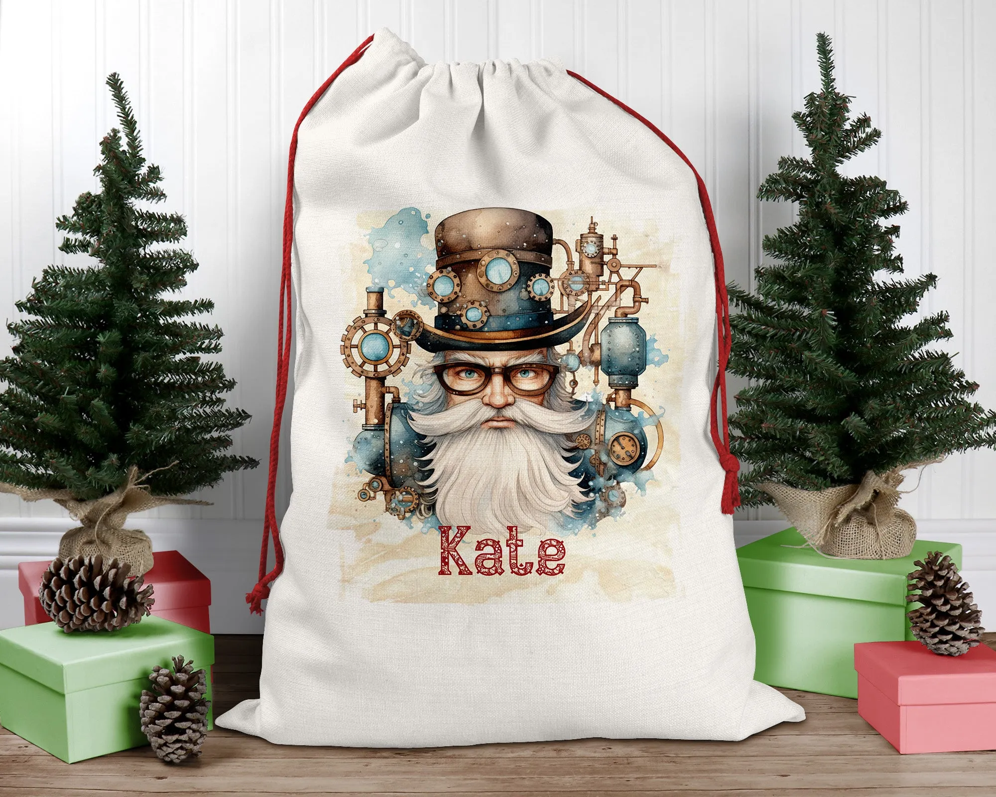 Steampunk Personalised Santa Sack, Blue Santa Linen Bag