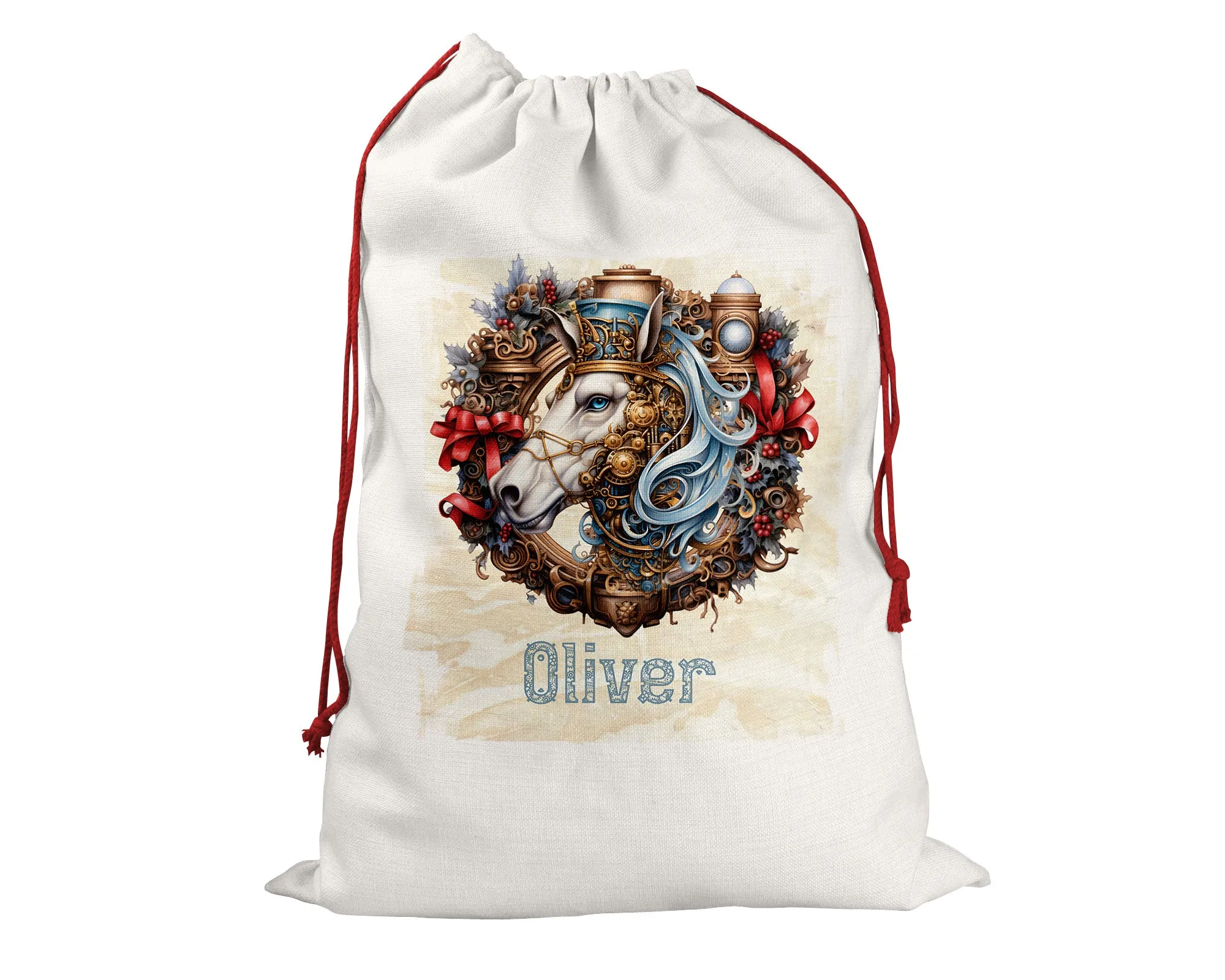 Steampunk Personalised Santa Sack, Horse, Linen Bag