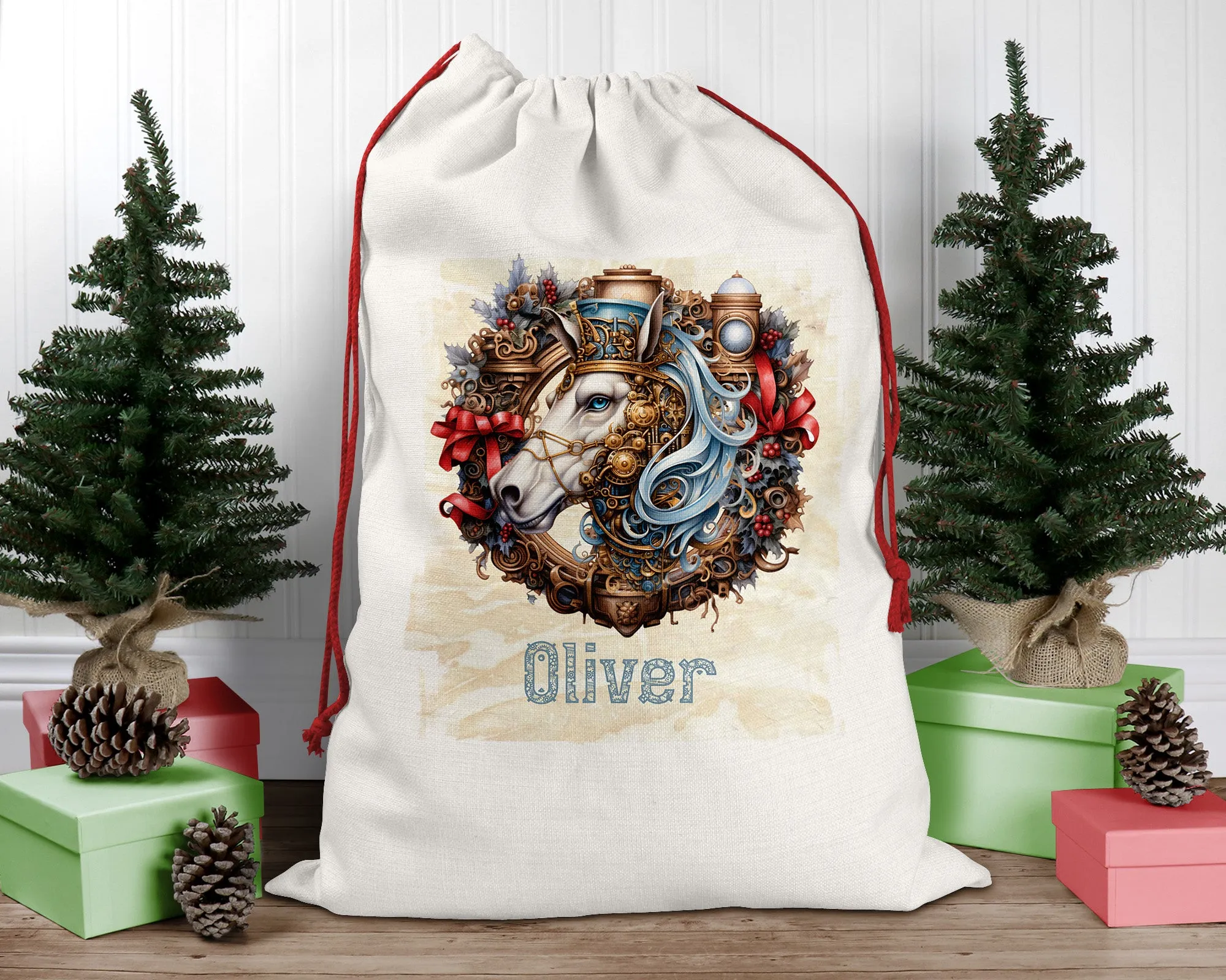 Steampunk Personalised Santa Sack, Horse, Linen Bag